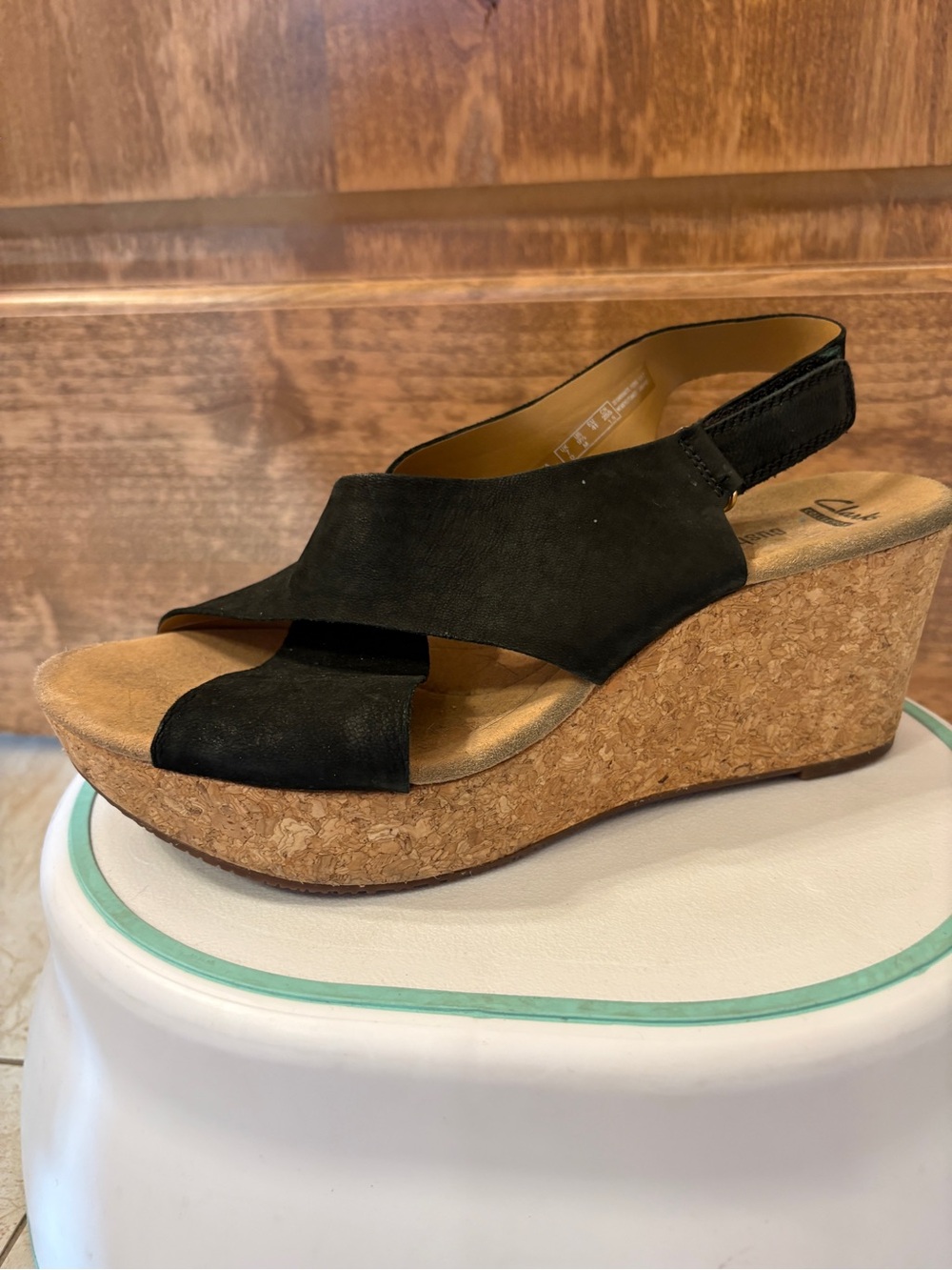 Clarks Black Suede Cork Wedge Slingback Sandals